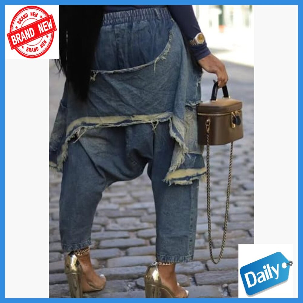 Patchwork Ripped Denim Harem Pants Elastic Waist … - image 5